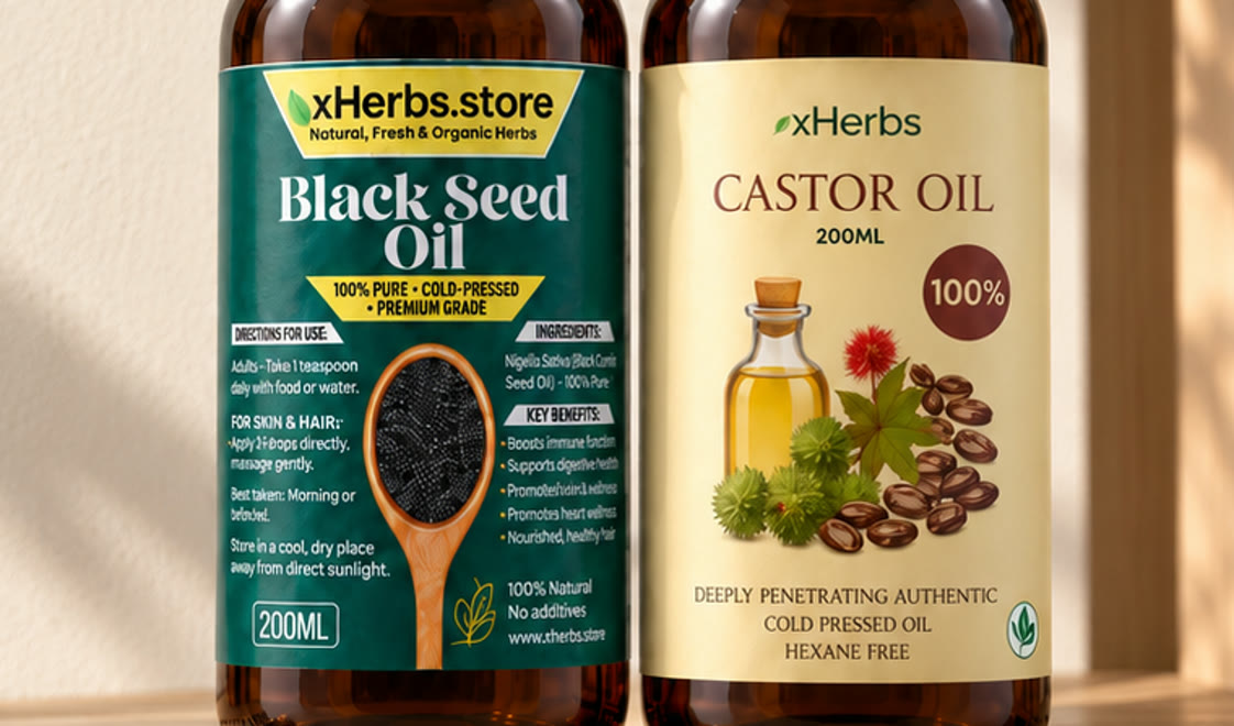 xHerbs Castor Oil label: 200ml, 100%, deeply penetrating authentic cold pressed oil, hexane free